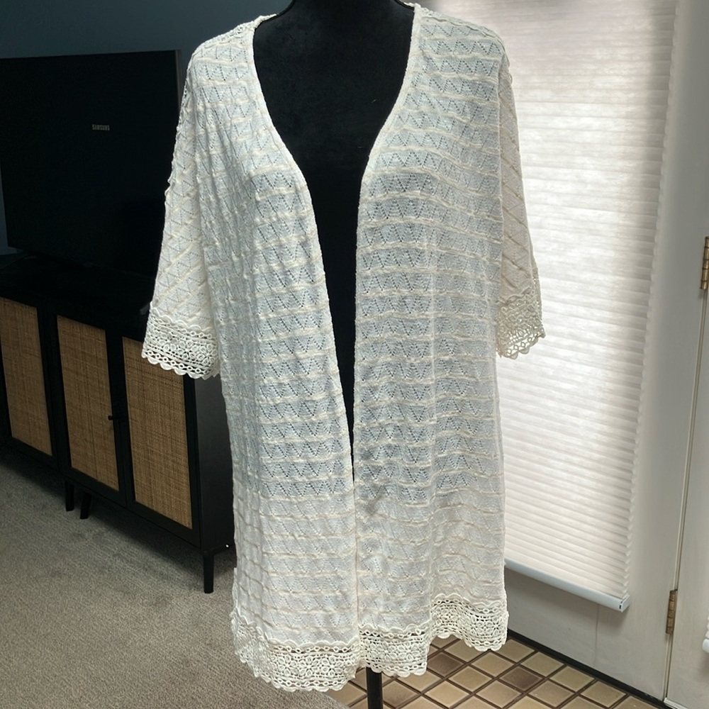 A.n.a. Open-Front Woven Cream Duster Cardigan Beach Coverup Crocheted Details